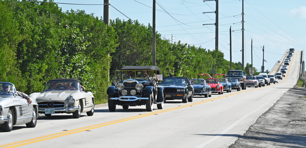Vintage cars over the Card Sound Bridge