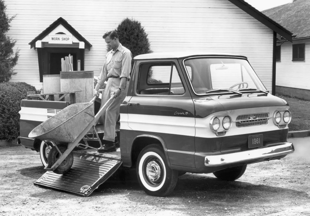 Cruisin in a Chevrolet corvair pickup